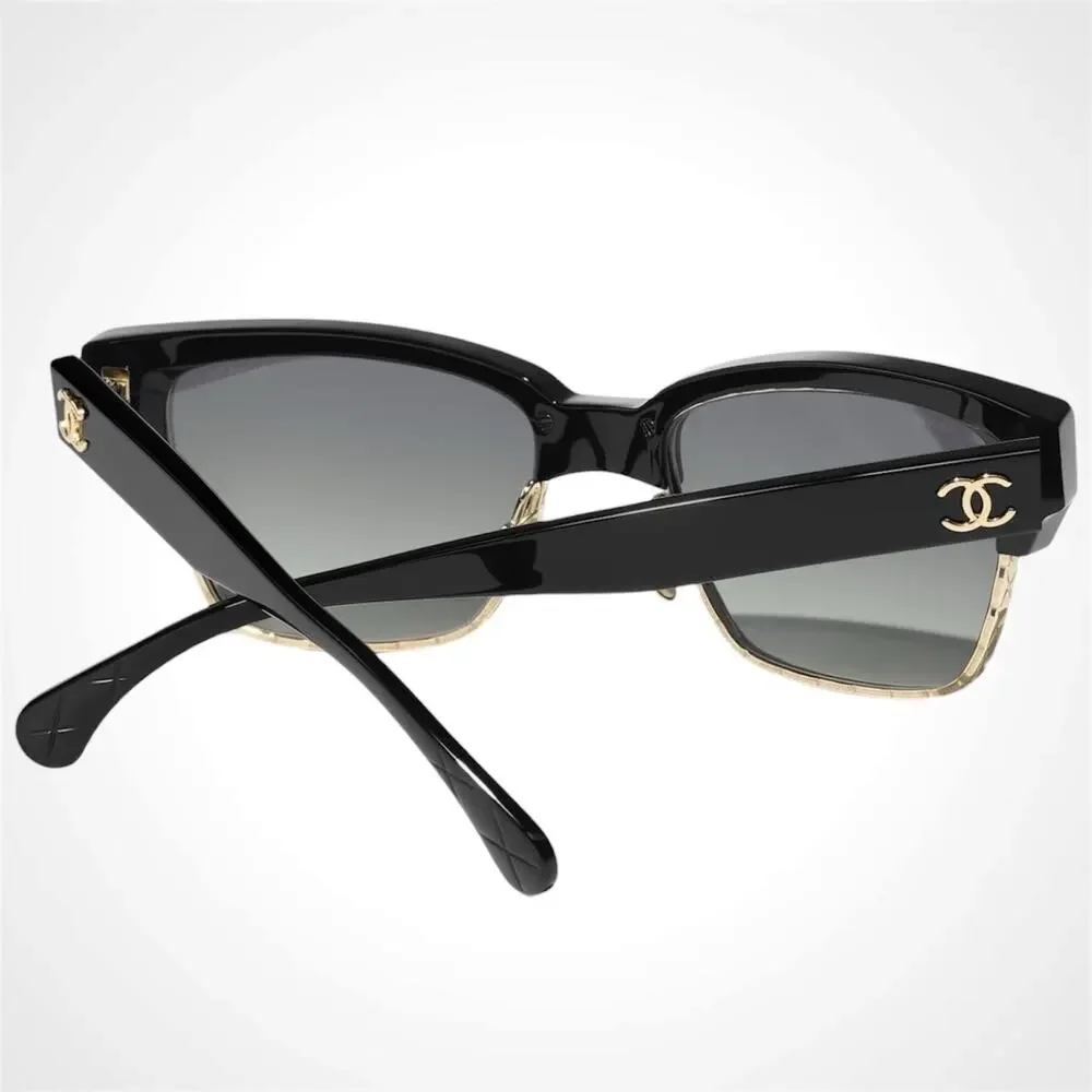 New CHANEL Sunglasses Black Gold Cat Eye Square Metal Acetate Quilted Womens - Picture 4 of 5